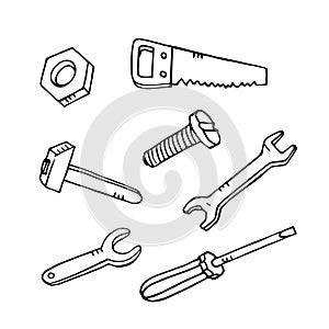 Vector handdrawn construction tools: saw hammer screws screwdriver nut
